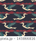 Seamless illustration of stylized flying herons above layered mountain forms, rendered in muted teal, cream and maroon with bold flat shapes and textured details for textiles, wallpaper and decor. 143866816