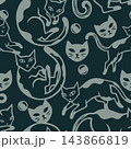 Seamless pattern of stylized cats and fish in muted gray on dark teal background, with playful hand drawn lines, repeating shapes, modern minimal look, suitable for fabric, wallpaper, wrapping paper 143866819