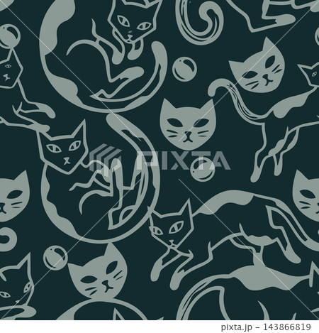 Seamless pattern of stylized cats and fish in muted gray on dark teal background, with playful hand drawn lines, repeating shapes, modern minimal look, suitable for fabric, wallpaper, wrapping paper 143866819