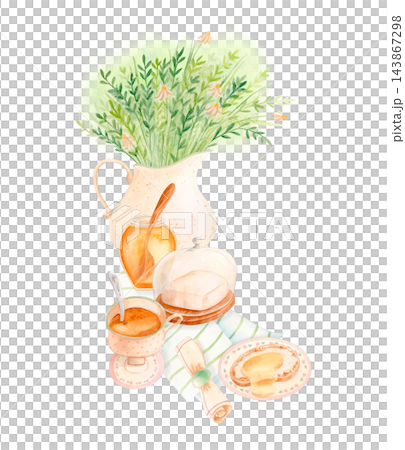 Hand drawn watercolor kitchen illustration of honey jar, bread with butter, cup, butter dish and wildflower bouquet in ceramic jug. Isolated breakfast composition for food packaging and cookbooks. Hand drawn watercolor kitchen illustration of honey jar, bread with butter, cup, butter dish and wildflower bouquet in ceramic jug. Isolated breakfast composition for food packaging and cookbooks. 143867298