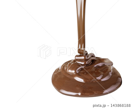Melting dark chocolate flows closeup isolated on transparent Melting dark chocolate flows closeup isolated on transparent 143868188