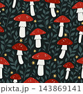 Seamless fairytale mushroom pattern with red fly agaric mushrooms, teal foliage and golden stars on dark background. 143869141
