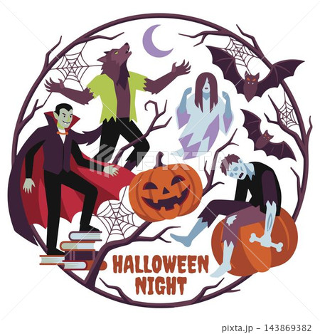 A circular illustration features various horror characters like a werewolf, vampire, and zombies for a Halloween Night theme vector 143869382
