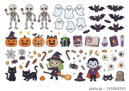 A collection of cute vector illustrations of classic Halloween characters and symbols on a white background vector A collection of cute vector illustrations of classic Halloween characters and symbols on a white background vector 143869393