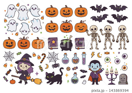 A collection of cute vector illustrations of classic Halloween characters and symbols on a white background  vector 143869394