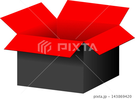 Open black cardboard box with red inside isolated on white background for delivery shipping concept Open black cardboard box with red inside isolated on white background for delivery shipping concept 143869420