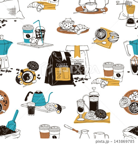 Seamless Coffee Set Doodle Pattern with Moka Pot, Cups and Bags. Brewing Tools and Pastries Collection on a White Background. Repeat Texture for Fabric, Wallpaper and Wrapping Paper Design Seamless Coffee Set Doodle Pattern with Moka Pot, Cups and Bags. Brewing Tools and Pastries Collection on a White Background. Repeat Texture for Fabric, Wallpaper and Wrapping Paper Design 143869785