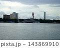 Babu Ghat footbridge and Kolkata riverfront skyline along Hooghly river under cloudy sky 143869910