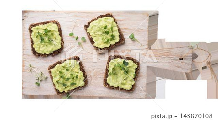Delicious Avocado Spread Layered Generously On Dark Bread Squares, Isolated On Transparent Background, Png. Perfect For Healthy Eating And Nutrition Themed Concepts. 143870108
