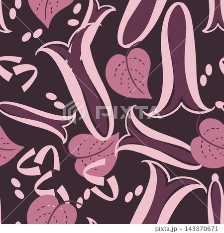 Decorative abstract floral pattern with flowing pink and mauve leaf shapes on dark plum background, designed as seamless wallpaper textile motif for packaging, decor, wrapping, and surface design. 143870671