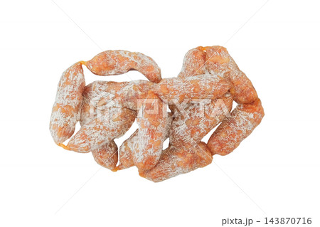 Beef semi-dry sausages. Dry-cured snack for beer. Top view. Raw cured sausages on a white background. Fermented meat product. Beef semi-dry sausages. Dry-cured snack for beer. Top view. Raw cured sausages on a white background. Fermented meat product. 143870716