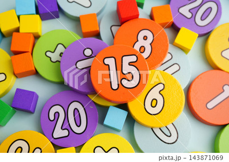 Number wood block cubes for learning Mathematic, education math concept. Number wood block cubes for learning Mathematic, education math concept. 143871069