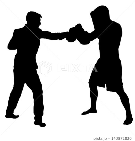 Boxers Training Together Practicing Punches in Fighting Stance Silhouette 143871820