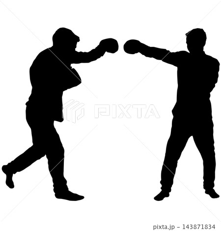Boxers Training Together Practicing Punches in Fighting Stance Silhouette 143871834
