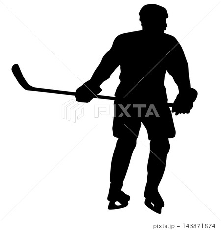 Ice Hockey Player Holding Stick and Puck Black Silhouette 143871874