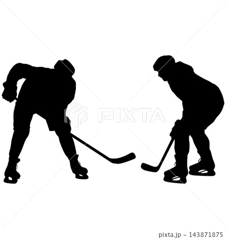 Set of Ice Hockey Players with Sticks and Pucks Silhouettes 143871875