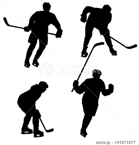 Set of Ice Hockey Players with Sticks and Pucks Silhouettes 143871877