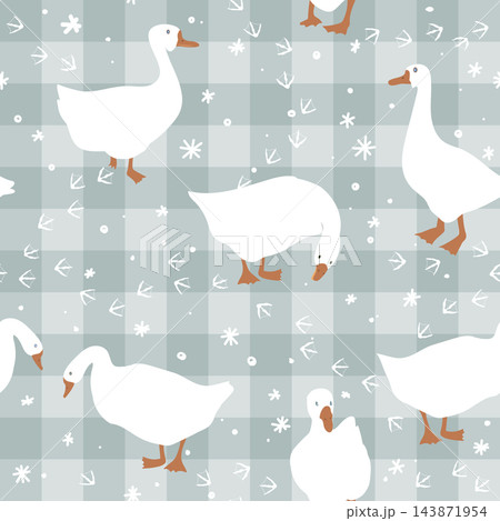 Seamless pattern with cute cartoon goose on gingham. Merry Christmas checkered background. Vector illustration. 143871954