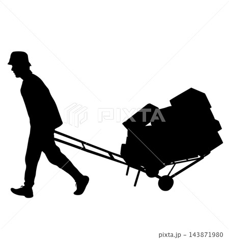 Male Worker Transporting Bundled Packages on Hand Truck Black Silhouette Male Worker Transporting Bundled Packages on Hand Truck Black Silhouette 143871980