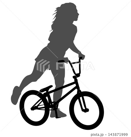Female Cyclist Riding Bicycle with One Leg Extended Backward Black Silhouette Female Cyclist Riding Bicycle with One Leg Extended Backward Black Silhouette 143871999