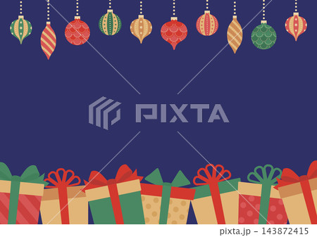 クリスマスオーナメントとプレゼントの背景、紺色 143872415