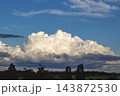 Dramatic Cumulus Cloudscape Over Rural Horizon With Blue Sky And Sunlit Billowing Clouds 143872530