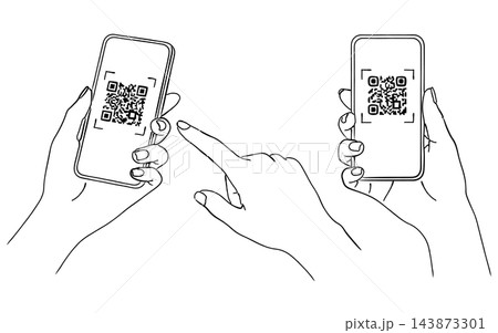 スマホでQRコード決済をする手元の手書き風線画イラストセット（キャッシュレス、会計、操作、素材） 143873301