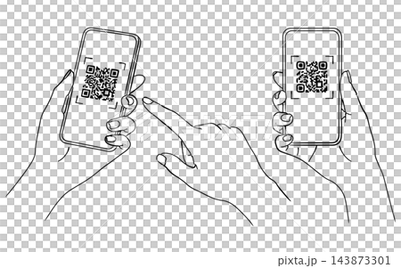 A set of hand-drawn style line art illustrations of a hand making a QR code payment with a smartphone (cashless payment, accounting, operation, materials). A set of hand-drawn style line art illustrations of a hand making a QR code payment with a smartphone (cashless payment, accounting, operation, materials). 143873301