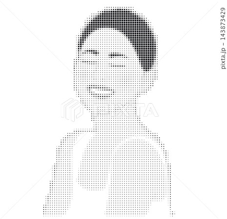 Halftone square pixel woman portrait vector illustration. Abstract minimal face silhouette with fading gradient. 143873429