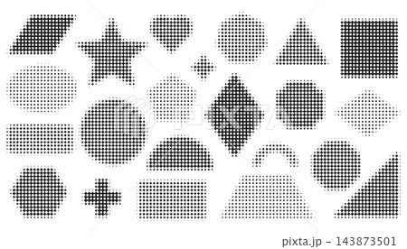 Halftone dotted geometric shape collection. Square, circle, triangle, star and polygon symbol set with fading dot pattern. Halftone dotted geometric shape collection. Square, circle, triangle, star and polygon symbol set with fading dot pattern. 143873501