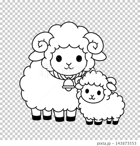 A black and white illustration of a mother sheep and her calf, suitable for New Year's cards for the Year of the Sheep. A black and white illustration of a mother sheep and her calf, suitable for New Year's cards for the Year of the Sheep. 143873553