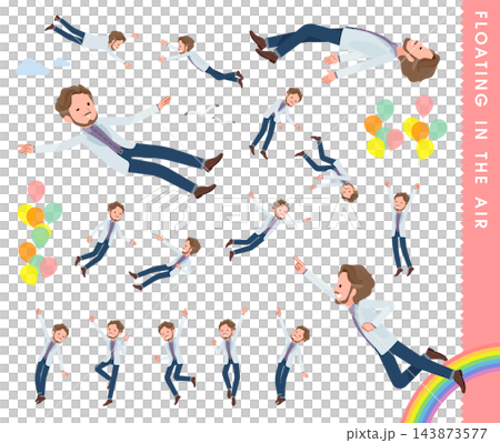A set of a middle-aged man in a white jacket floating in mid-air. 143873577