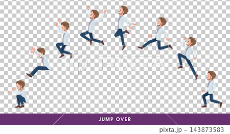 A set of middle-aged men in white jackets leaping high. A set of middle-aged men in white jackets leaping high. 143873583
