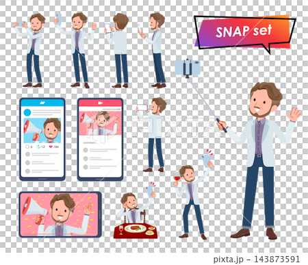 A set of a middle-aged man in a white jacket taking a photo with his smartphone. A set of a middle-aged man in a white jacket taking a photo with his smartphone. 143873591
