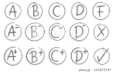 Halftone dotted school grading and evaluation icon set. Letter grades A, B, C, D, F, plus, cross and checkmark symbols with fading dot pattern. Halftone dotted school grading and evaluation icon set. Letter grades A, B, C, D, F, plus, cross and checkmark symbols with fading dot pattern. 143873747