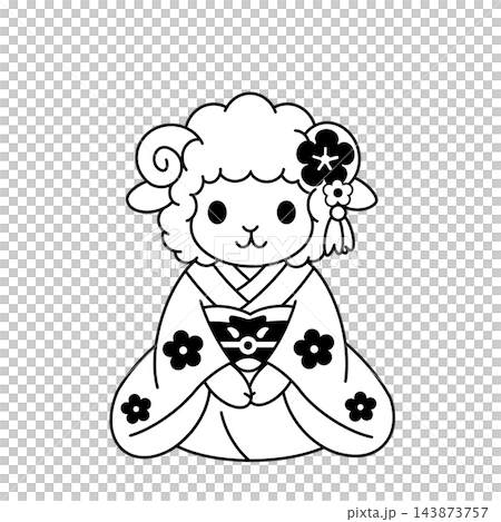 A cute black and white illustration of a sheep wearing a floral kimono, perfect for New Year's cards for the Year of the Sheep. A cute black and white illustration of a sheep wearing a floral kimono, perfect for New Year's cards for the Year of the Sheep. 143873757