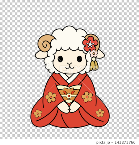 一幅可愛多彩的插圖,描繪了一隻穿著花卉和服的綿羊,非常適合作為羊年的新年賀卡。 一幅可愛多彩的插圖,描繪了一隻穿著花卉和服的綿羊,非常適合作為羊年的新年賀卡。 143873760