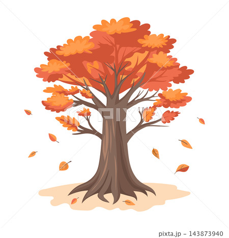 Autumn Tree with Falling Leaves isolated on white background. Illustration. 143873940