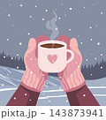 Hands in Mittens Holding Steaming Hot Mug in Snowy Winter Landscape. Winter poster. Illustration for greeting cards, banners. 143873941