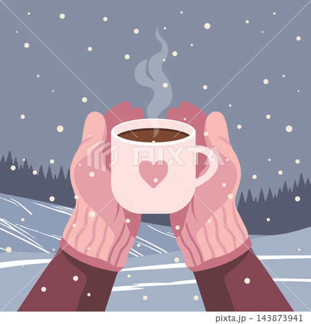 Hands in Mittens Holding Steaming Hot Mug in Snowy Winter Landscape. Winter poster. Illustration for greeting cards, banners. 143873941