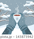 Hands in Mittens Holding Steaming Hot Mug against a backdrop of snowy forest. Winter poster. Illustration for greeting cards, banners. 143873942