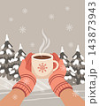 Person Holding Hot Coffee Mug against a backdrop of snowy pine trees. Winter poster. Illustration for greeting cards, banners. 143873943