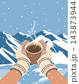 Person Holding Hot Coffee Mug in Snowy Mountains. Winter poster. Illustration for greeting cards, banners. 143873944