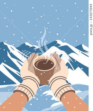 Person Holding Hot Coffee Mug in Snowy Mountains. Winter poster. Illustration for greeting cards, banners. 143873944