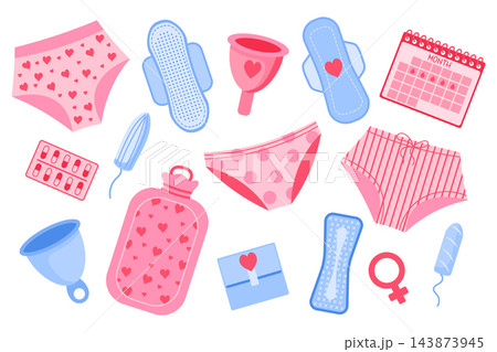 Menstrual Health and Feminine Hygiene Elements Set. Menstrual cup, tampons, panties, monthly calendar, sanitary napkin and pills. 143873945