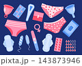 Menstrual Health and Feminine Hygiene Elements Set. Menstrual cup, tampons, panties, monthly calendar, sanitary napkin and pills. 143873946