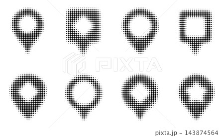 Halftone dotted map pin icon set, location and navigation marker symbol collection with fading dot pattern, vector graphic elements. 143874564