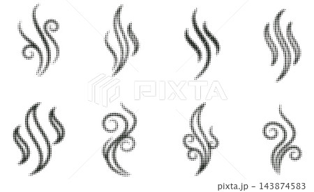 Monochrome halftone dotted smoke and steam wave set, abstract aroma and vapor swirl symbol collection, vector graphic design elements. 143874583