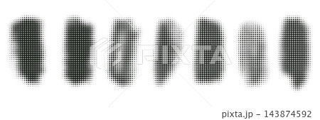 Halftone dotted vertical bar badge set, abstract geometric button frames with fading dot gradient texture, vector graphic design elements. 143874592