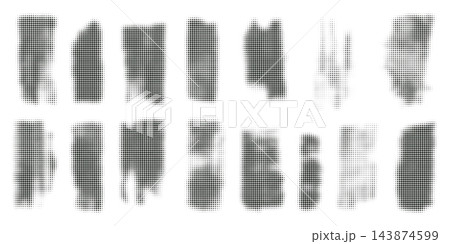 Halftone dotted vertical grunge stripe set, abstract stroke patterns with fading dot texture, vector graphic design background overlay elements. Halftone dotted vertical grunge stripe set, abstract stroke patterns with fading dot texture, vector graphic design background overlay elements. 143874599